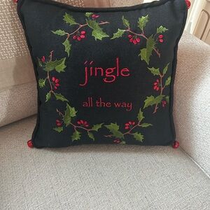 Christmas pillow 14”x14”. Red metal bell on each corner Polyester, cotton, linen